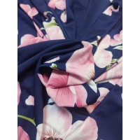 Granatowa elastyczna dzianina Jersey - różowe orchidee